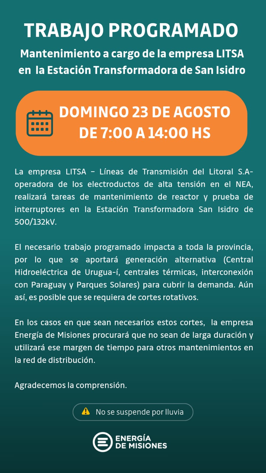 Anuncian posibles cortes rotativos de luz por mantenimiento en alta tensión este domingo 2